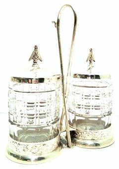20th Century Cut Crystal & Silver Plate Cruet Set of Three Pieces