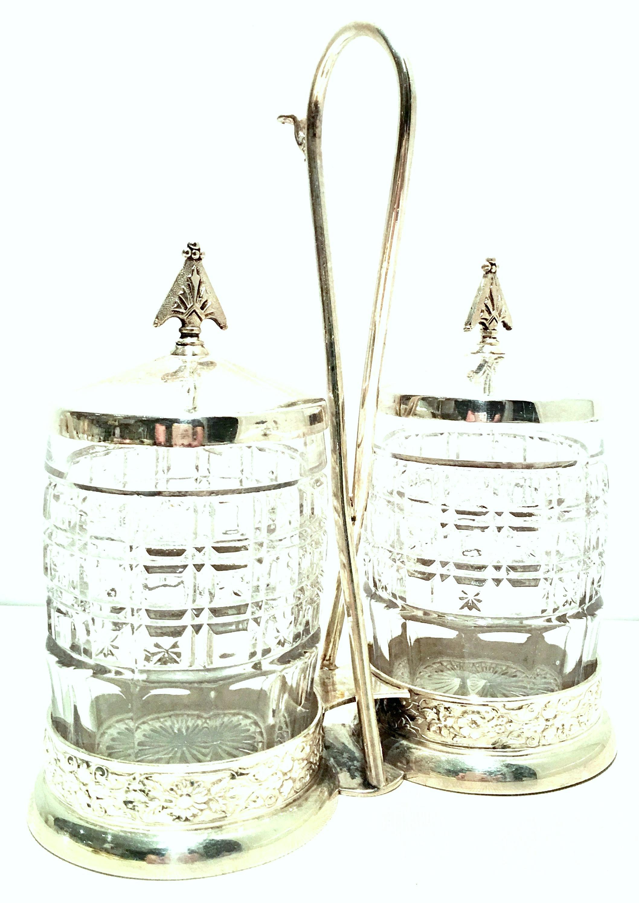 20th Century Cut Crystal & Silver Plate Cruet Set of Three Pieces In Good Condition In West Palm Beach, FL