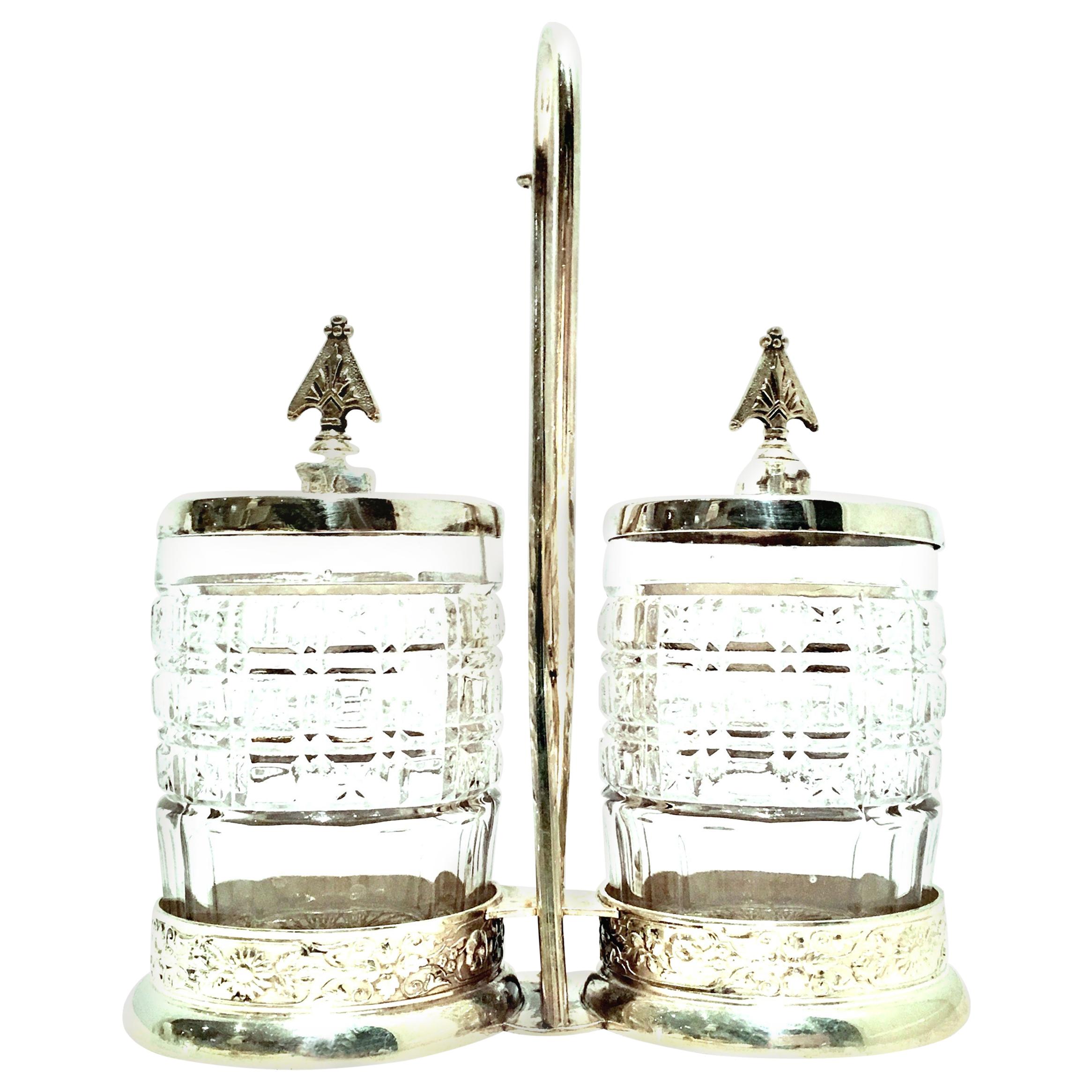 20th Century Cut Crystal & Silver Plate Cruet Set of Three Pieces