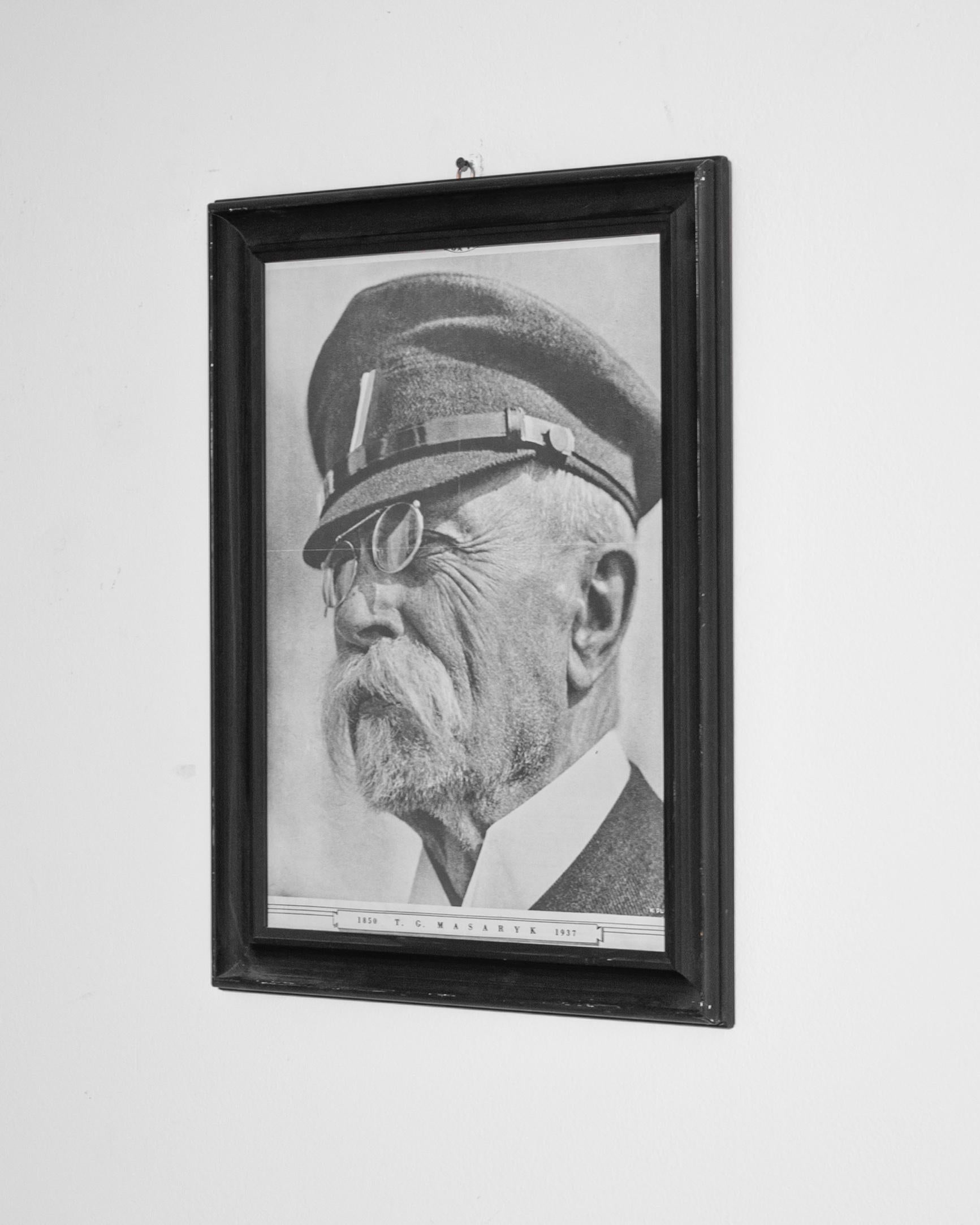 This piece is a poignant representation of Czech history, encapsulating the reverence for T. G. Masaryk, a pivotal figure in Czechoslovakia's independence. The artwork, dating back to the 20th century, presents a monochrome portrait with profound