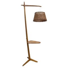 Vintage 20th Century Czech Oakwood Reading Floor Lamp with a Shelf by Krasna Jizba