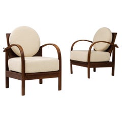 20th Century Czech Pair of Wooden Lounge Chairs With Curved Pillows