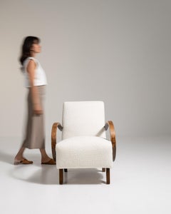 20th Century Czech Republic Warm Ivory Boucle Bentwood-Arm Lounge Chair
