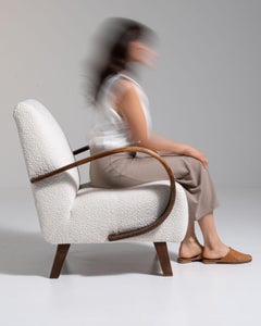 20th Century Czech Republic Warm Ivory Boucle Bentwood-Arm Lounge Chair