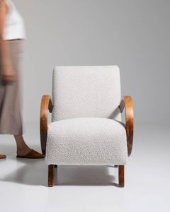 20th Century Czech Republic Warm Ivory Boucle Bentwood-Arm Lounge Chair