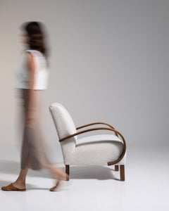 20th Century Czech Republic Warm Ivory Boucle Bentwood-Arm Lounge Chair