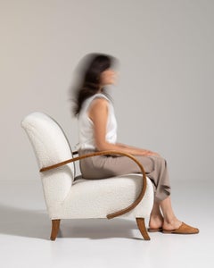 20th Century Czech Republic Warm Ivory Boucle Bentwood-Arm Lounge Chair