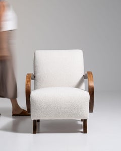 20th Century Czech Republic Warm Ivory Boucle Bentwood-Arm Lounge Chair