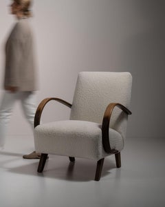 20th Century Czech Republic Warm Ivory Boucle Bentwood-Arm Lounge Chair