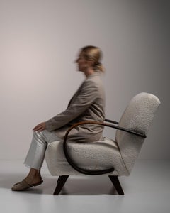 20th Century Czech Republic Warm Ivory Boucle Bentwood-Arm Lounge Chair