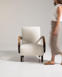 20th Century Czech Republic Warm Ivory Boucle Bentwood-Arm Lounge Chair