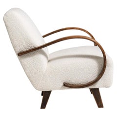 20th Century Czech Republic Warm Ivory Boucle Bentwood-Arm Lounge Chair