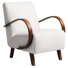 20th Century Czech Republic Warm Ivory Boucle Bentwood-Arm Lounge Chair