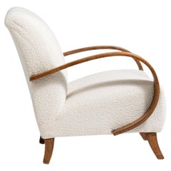 20th Century Czech Republic Warm Ivory Boucle Bentwood-Arm Lounge Chair