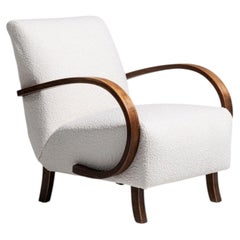 20th Century Czech Republic Warm Ivory Boucle Bentwood-Arm Lounge Chair