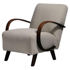 20th Century Czech Republic Warm Ivory Boucle Bentwood-Arm Lounge Chair