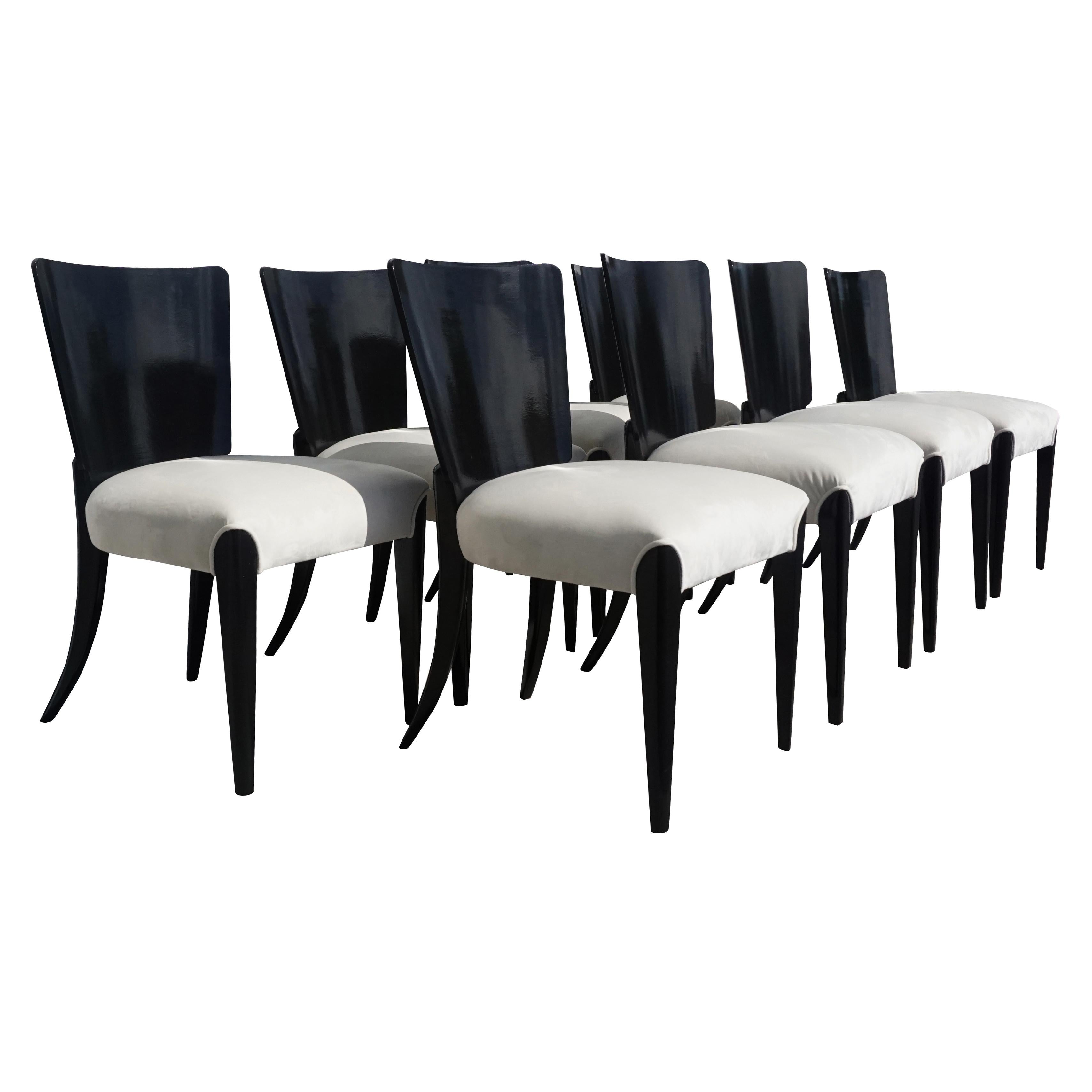 A very rare set of eight ebonized Halabala Art Deco chairs hand polished with shellac, Model H 214, in good condition. The black dining chairs are upholstered in a white suede leather. Wear consistent with age and use, circa 1930, Czech