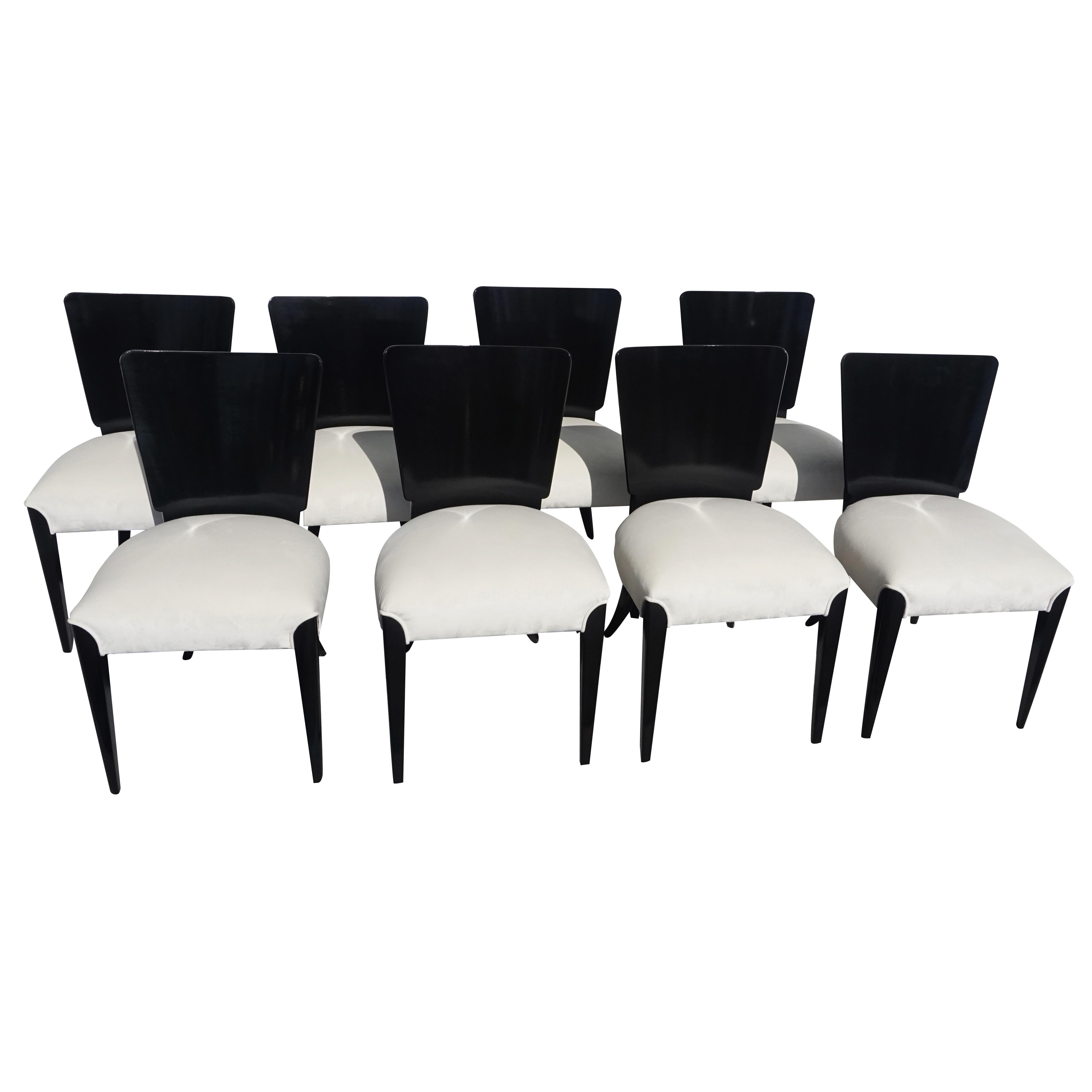 Polished 20th Century Czech Set of Eight Black Art Deco Chairs by Jindrich Halabala For Sale