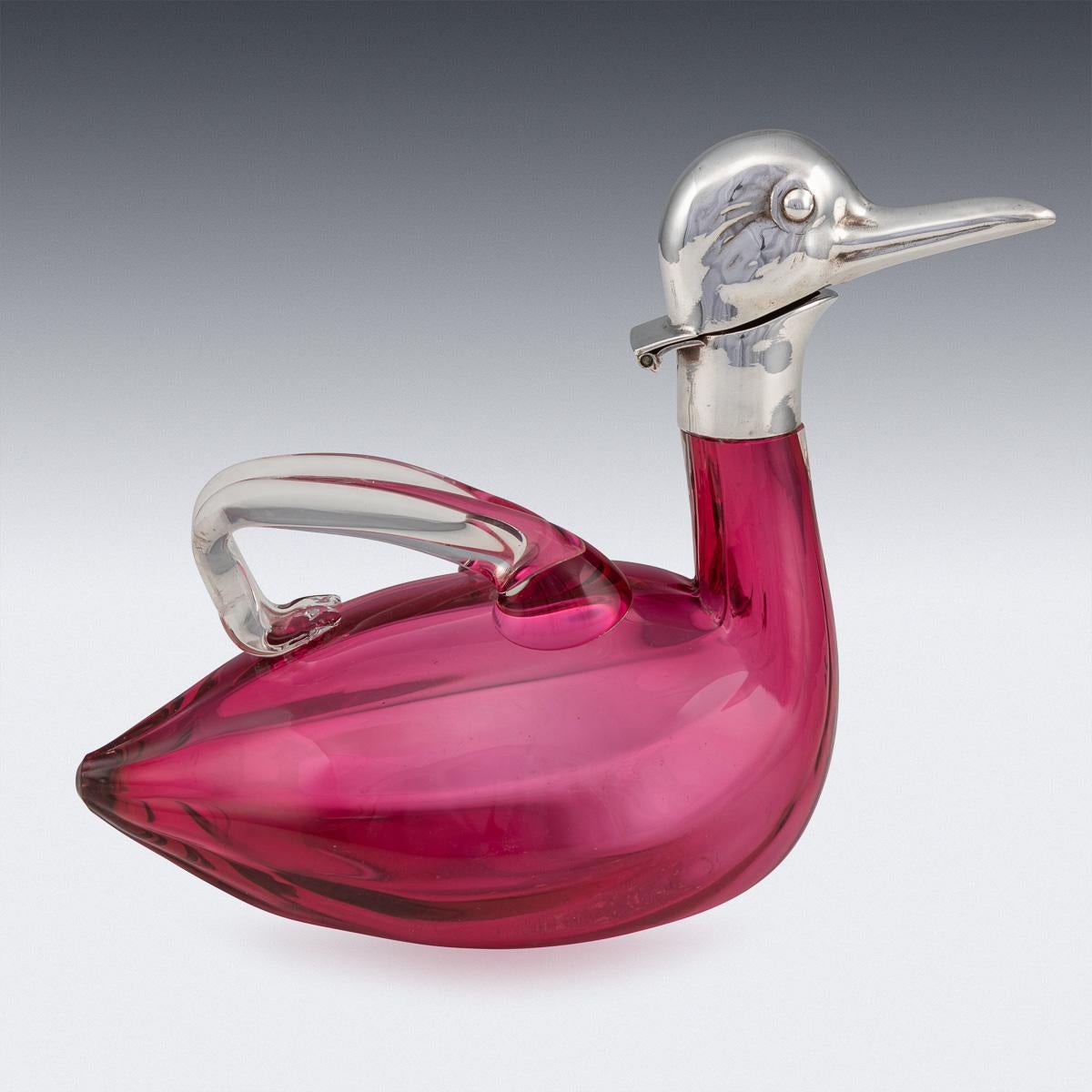 20th Century Czech Silver Plated & Glass Duck Shaped Claret Jug, c.1960 2