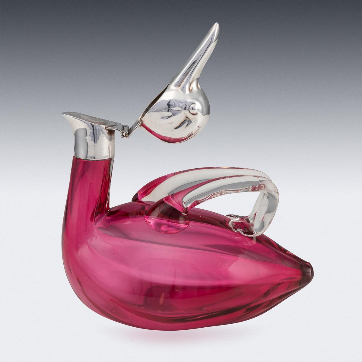 20th Century Czech Silver Plated & Glass Duck Shaped Claret Jug, c.1960 3
