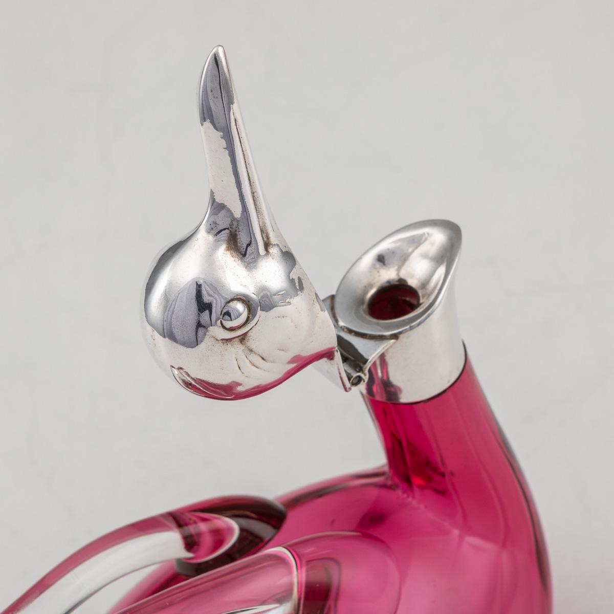 20th Century Czech Silver Plated & Glass Duck Shaped Claret Jug, c.1960 4