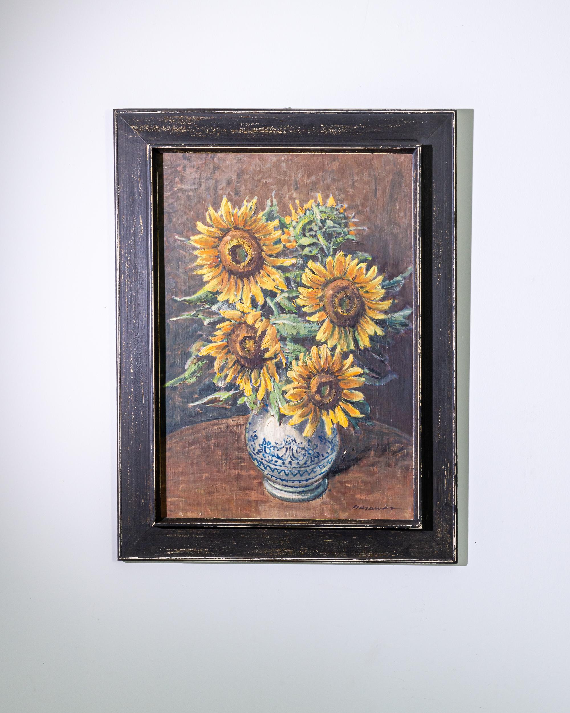 Made in the twentieth century in former Czechoslovakia, this energetic still life depicts a vase with sunflowers painted in confident broad brushstrokes. The harmonious combination of the realistic and impressionist elements accentuates the rich