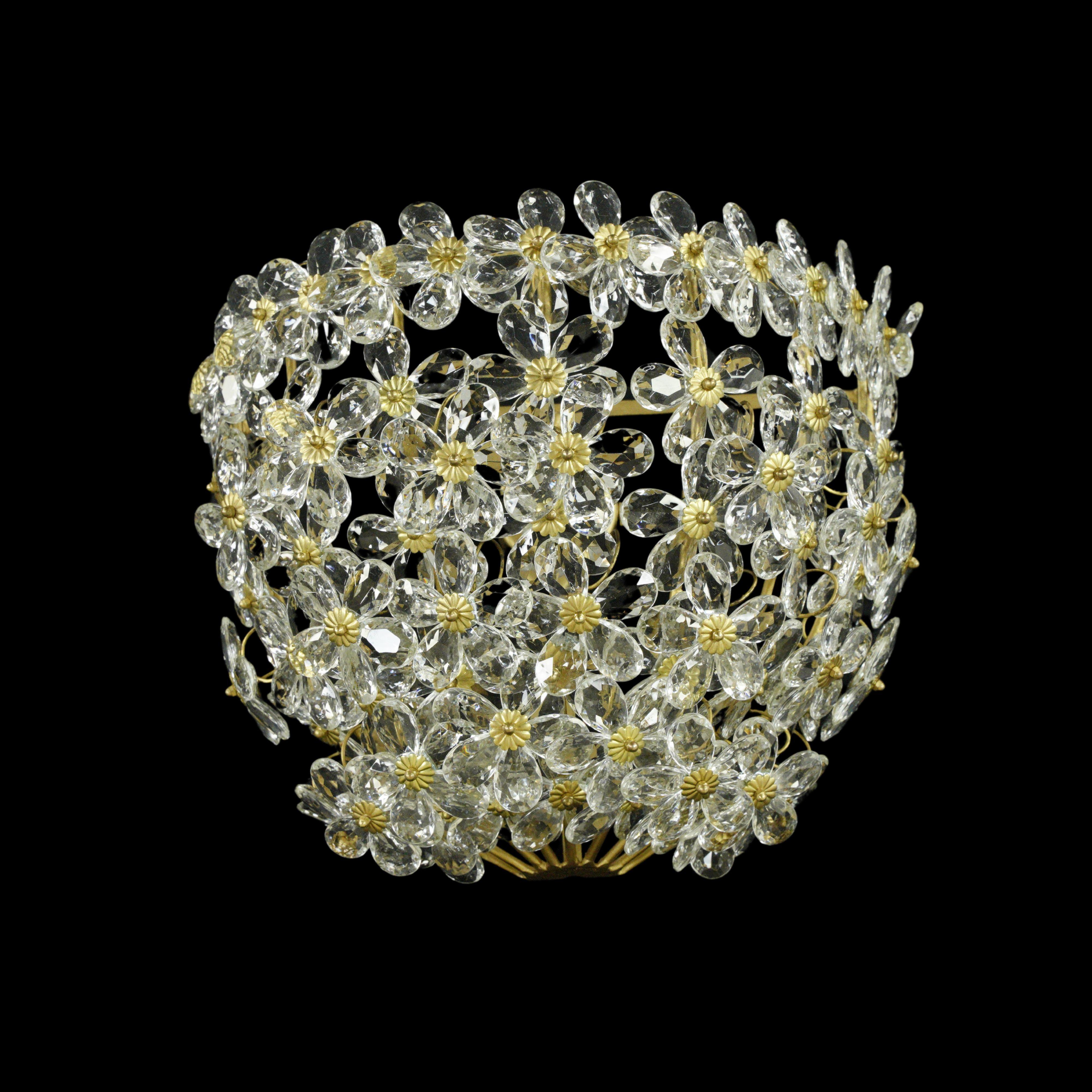 Floral daisy clear crystal basket sconce.. Each cut crystal daisy has 5 crystal petals with a brushed brass center. This requires one standard medium base bulb. One available. Cleaned and restored. Please note, this item is located in one of our NYC