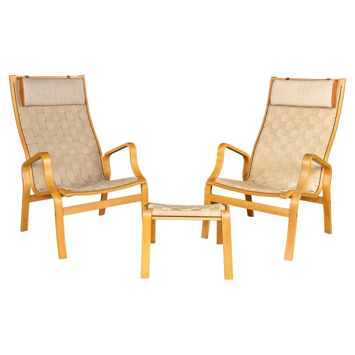 20thC Danish Beech Framed Chairs & Ottoman, Bruno Mathsson Eva, C.197