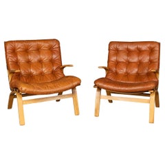 20th Century Danish Curved Beech Tan Leather Chairs By Farstrup Møbler, c.1970