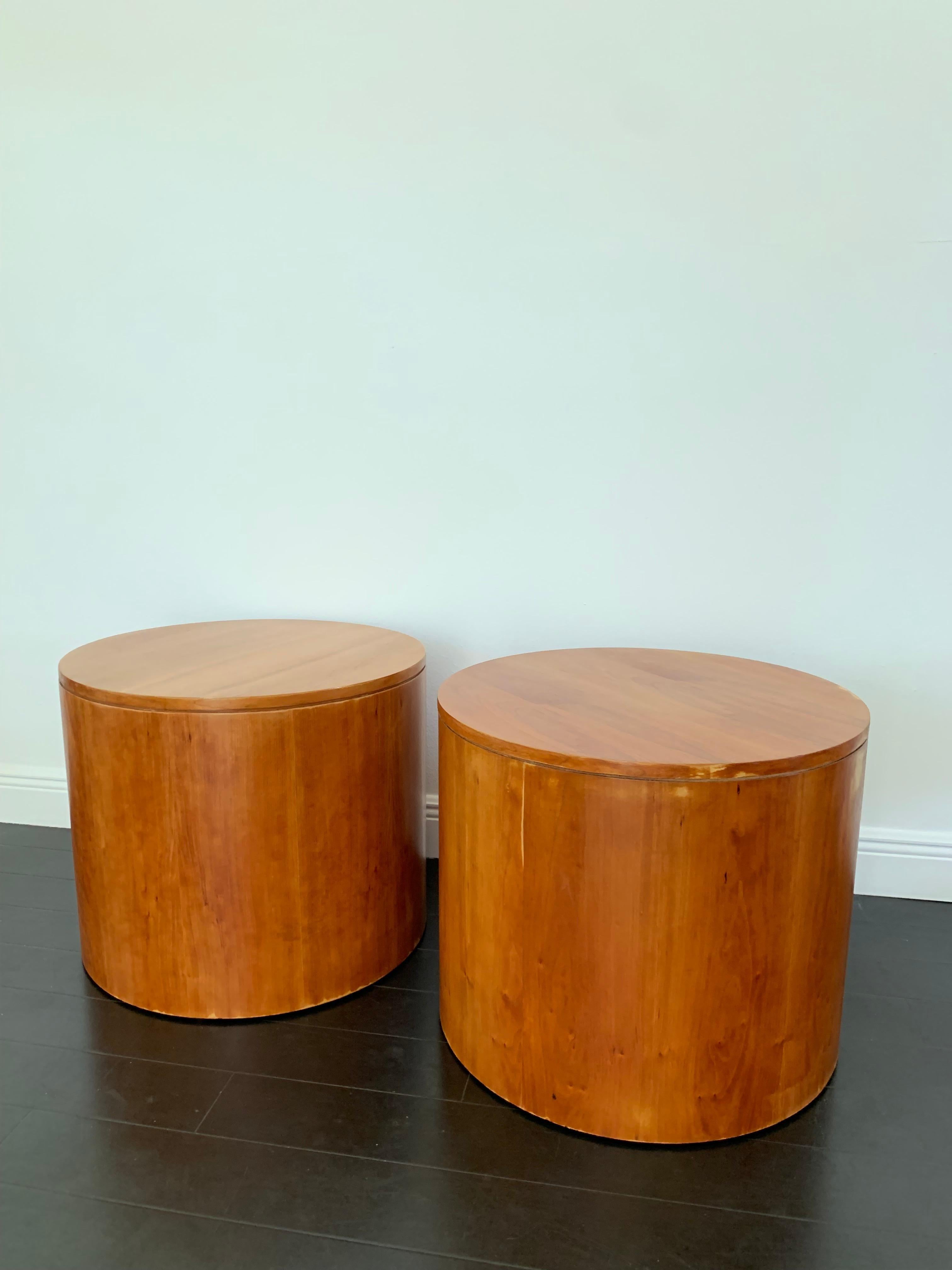 20th Century Danish Teak Cylinder End Tables perfect for any room of your home. Exceptionally large and with a beautiful wood grain and color. Light fading and patina on certain spots but definitely not a deal breaker.