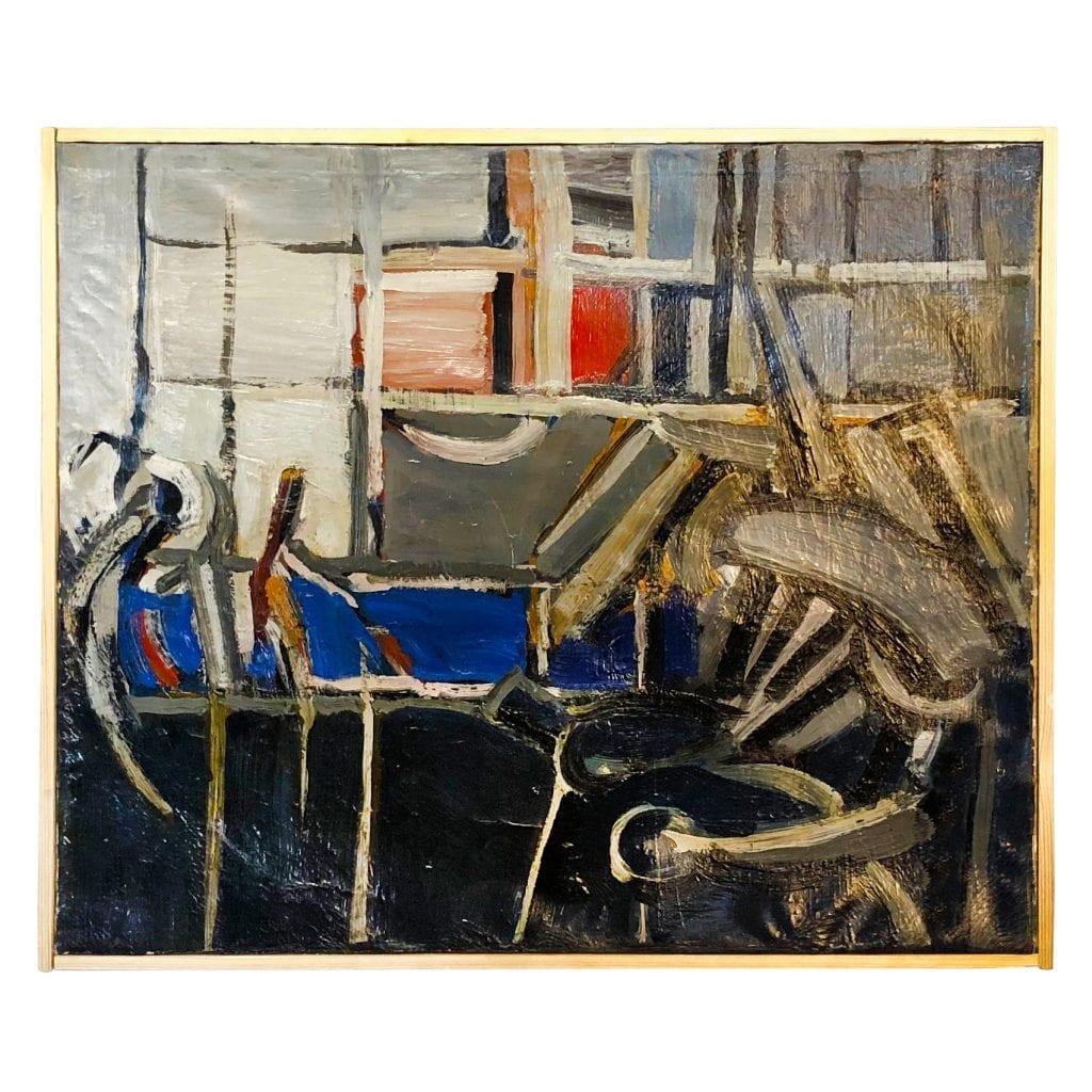 A dark-blue, black abstract interior with chairs and window surround, oil on wood in canvas on a blue frame by Daniel Clesse, painted in France, signed and dated circa in 1970.

Daniel Clesse was a French painter born in 1932 Paris, France and