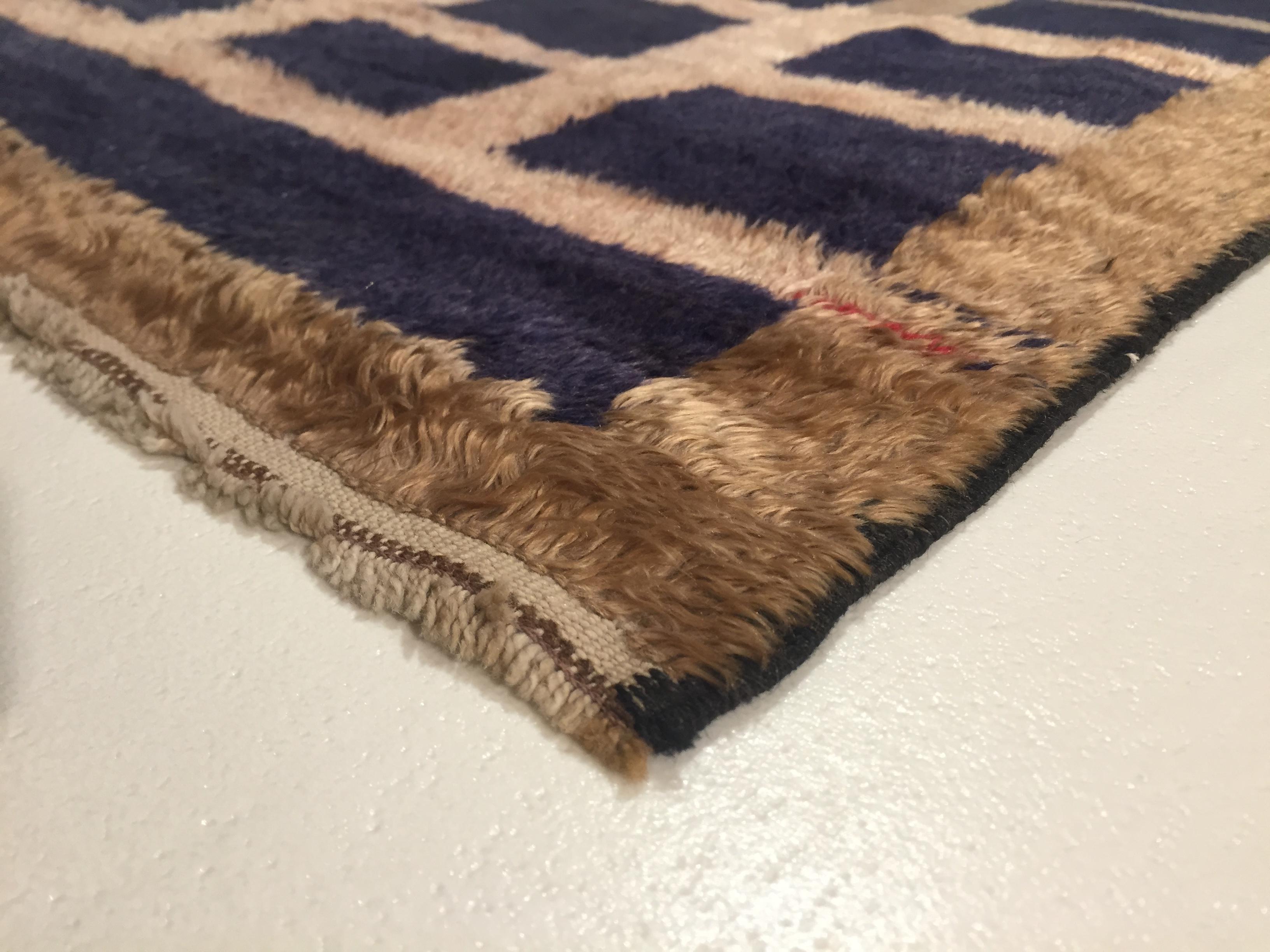 Hand-Knotted 20th Century Dark Blue and Beige, Natural Wool, Turkish Tribal Tulu Rug, 1960s