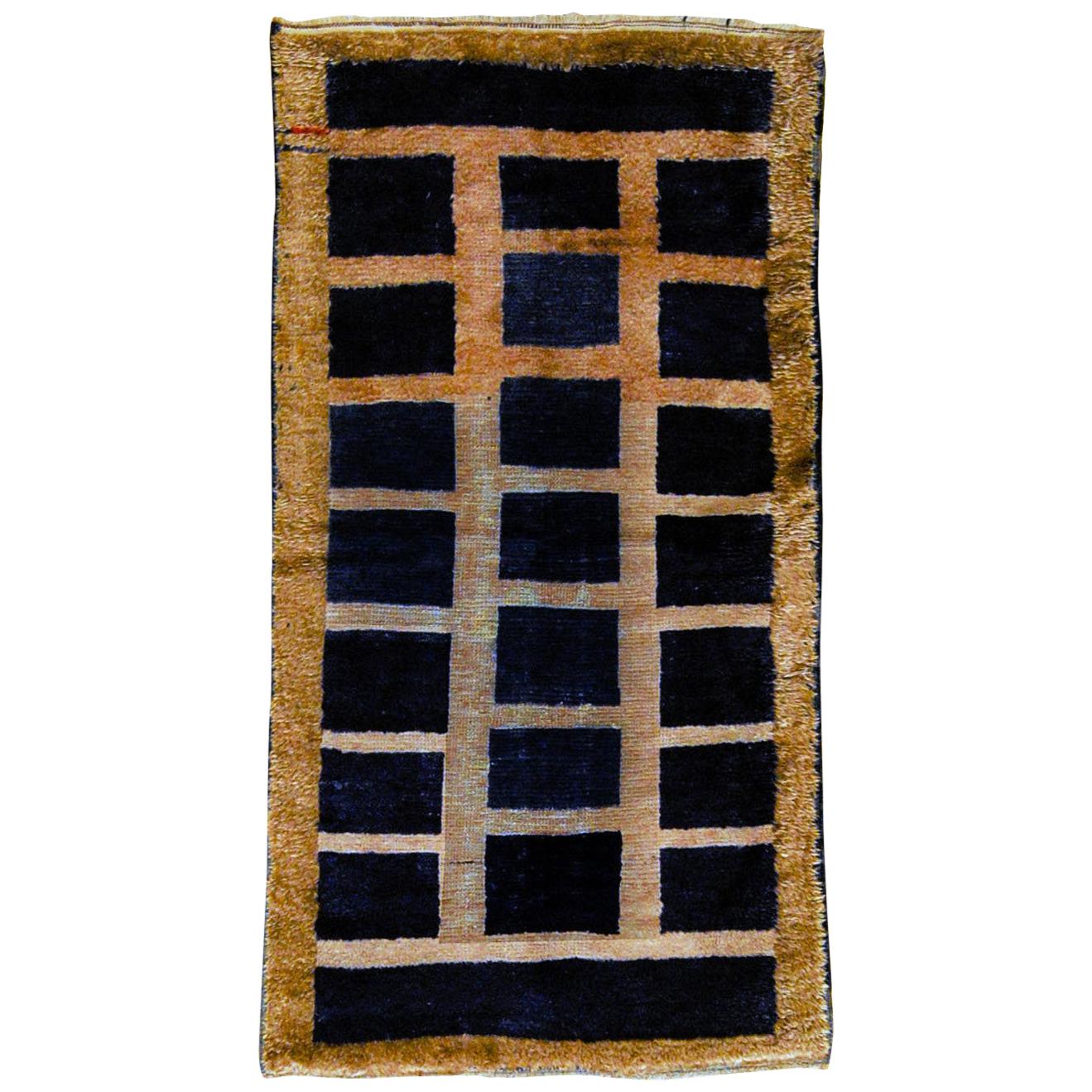 20th Century Dark Blue and Beige, Natural Wool, Turkish Tribal Tulu Rug, 1960s