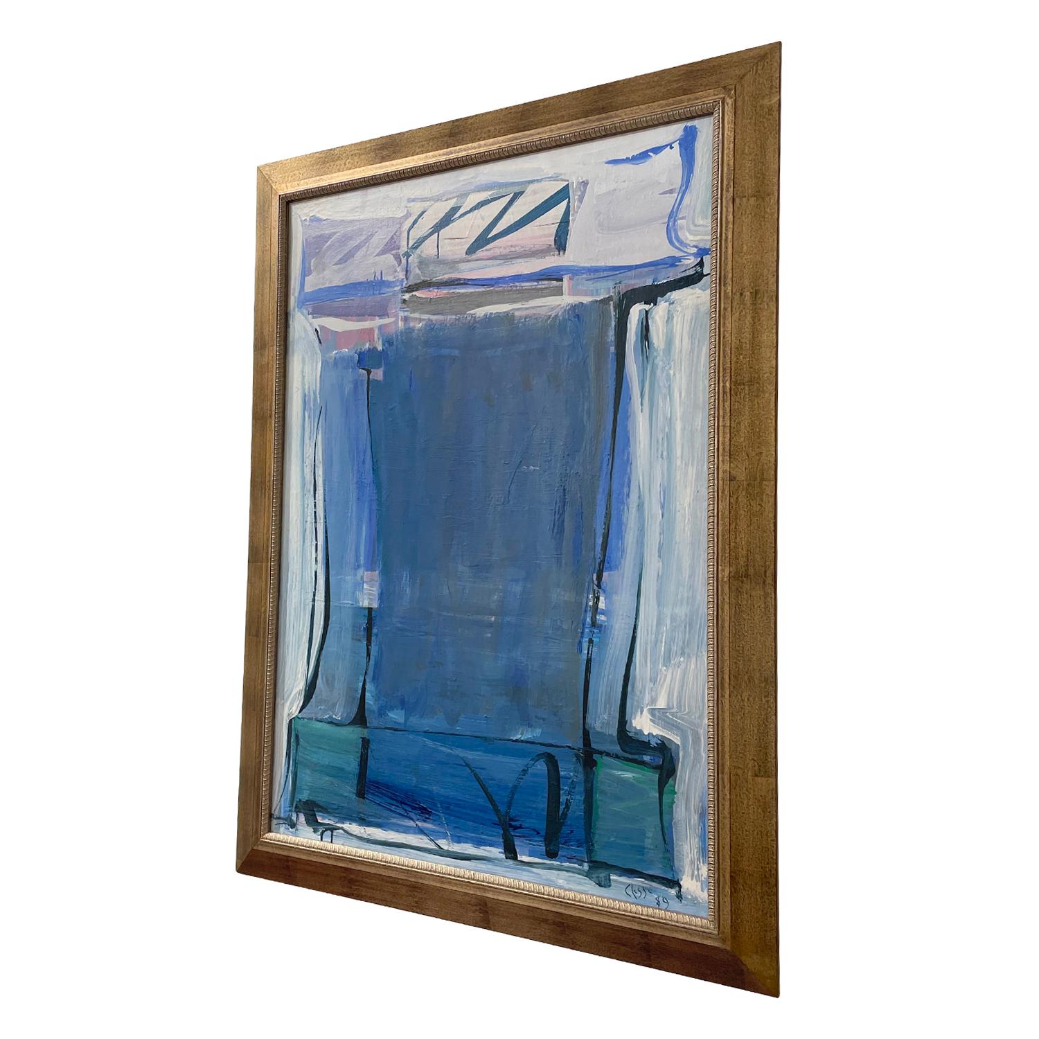 A dark-blue, pink vintage Mid-Century Modern French abstract oil on wood painting, painted by Daniel Clesse in good condition. Signed on the lower right. Wear consistent with age and use. Dated 1989, Paris, France.

Without the frame: 52