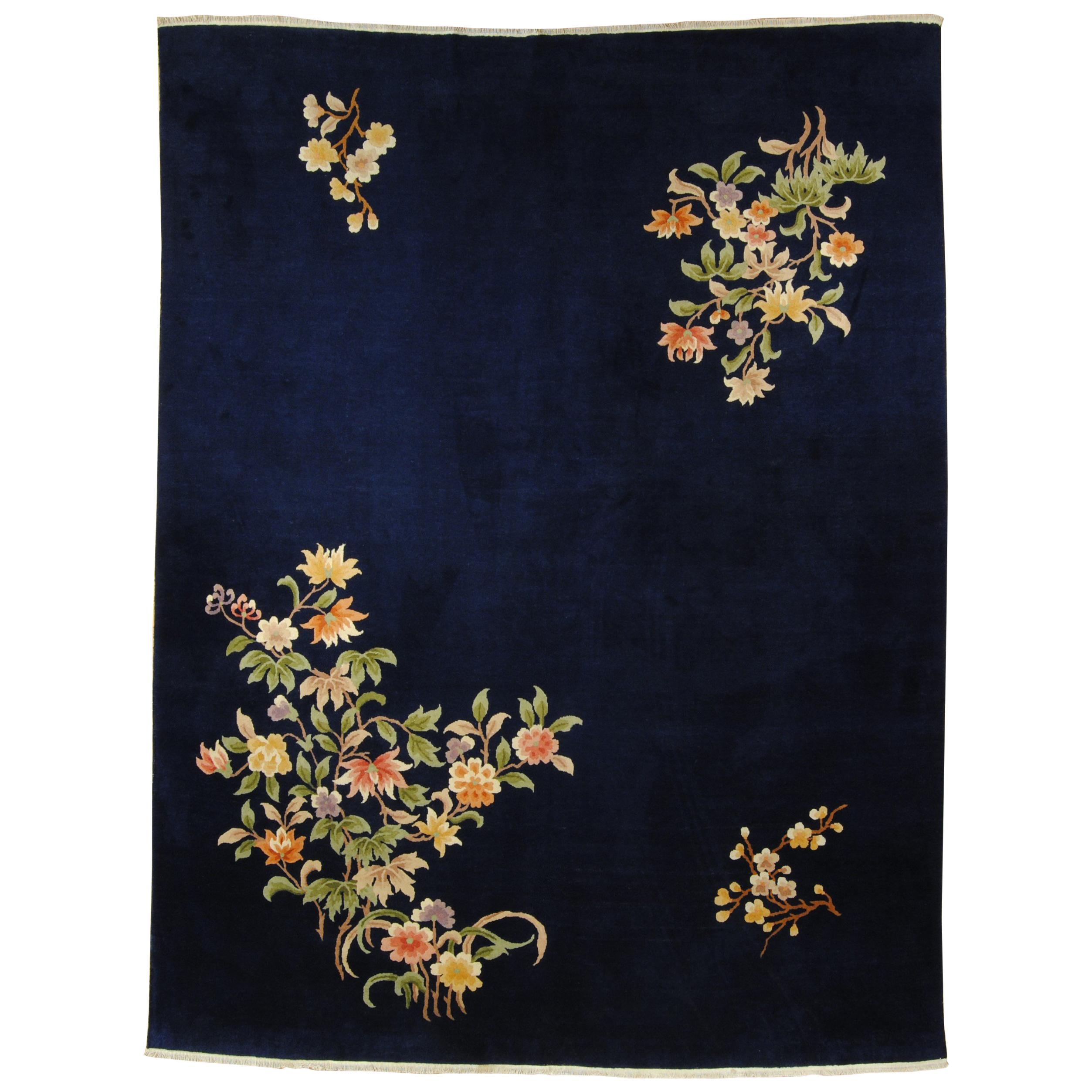 20th Century Dark Blue With Cascades of flowers Chinese Deco' Rug , 1950s