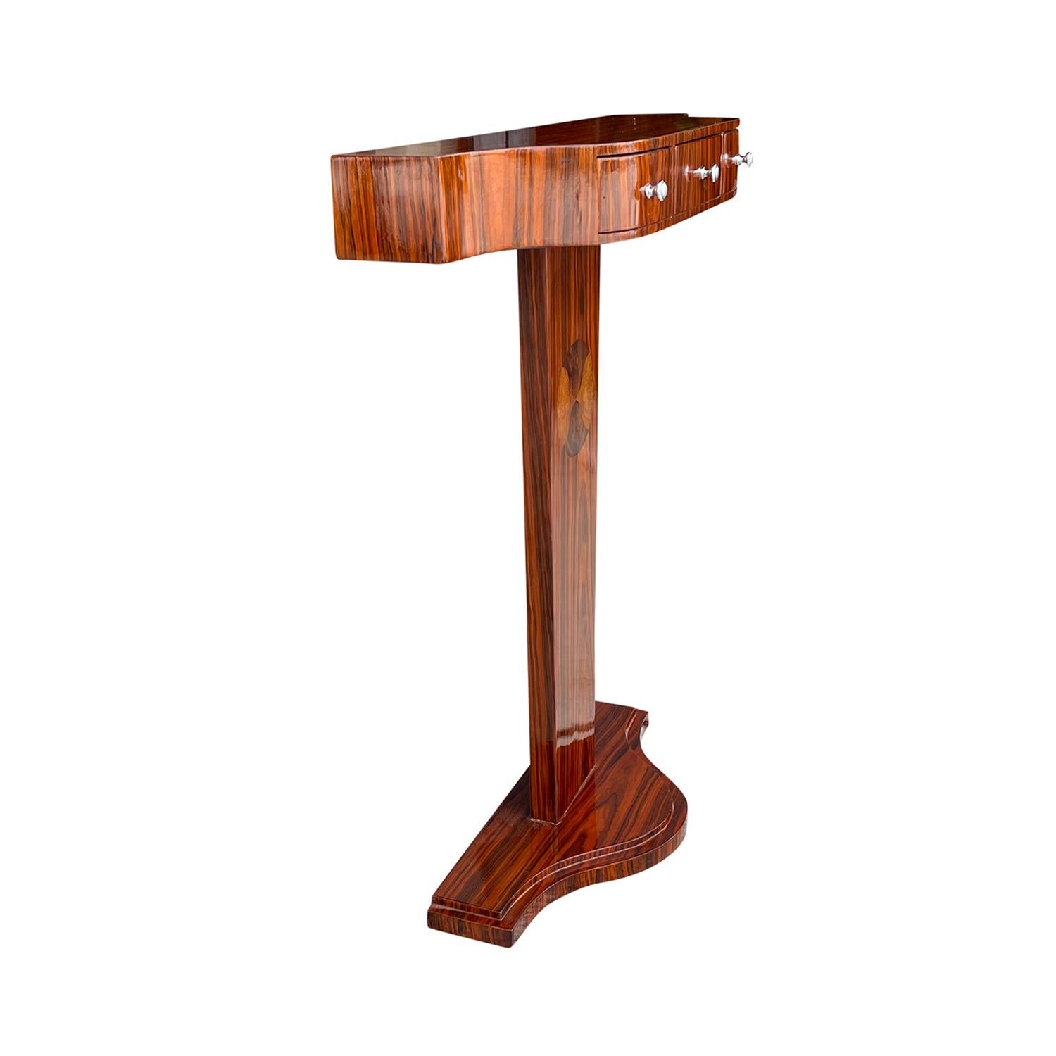 Hand-Carved 20th Century Dark-Brown French Small Art Deco Macassarwood Console, End Table