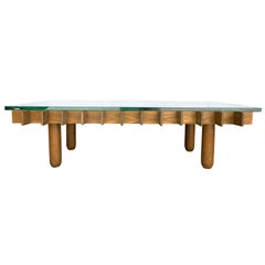 20th Century Dark-Brown Italian Glass Top Coffee Table, Walnut Sofa Table