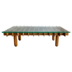 20th Century Dark-Brown Italian Glass Top Coffee Table, Walnut Sofa Table