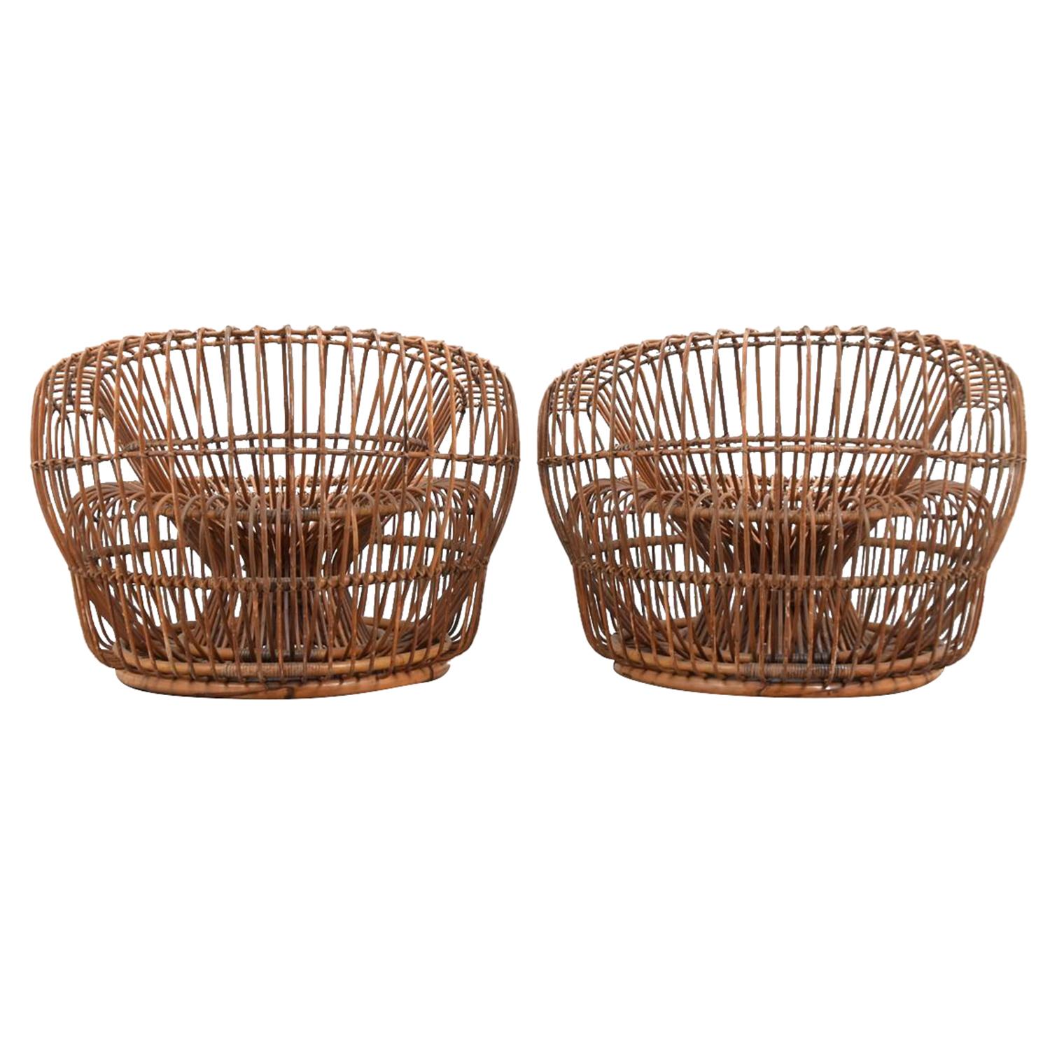 Mid-Century Modern 20th Century Italian Pair of Vintage Rattan Lounge Chairs by Franco Albini