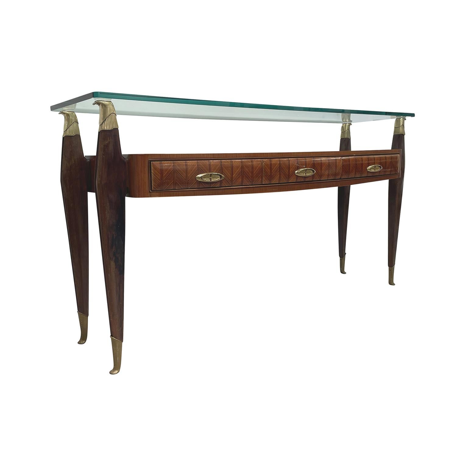 Hand-Carved 20th Century Italian Vintage Rosewood Glass Console Table by Borsani For Sale