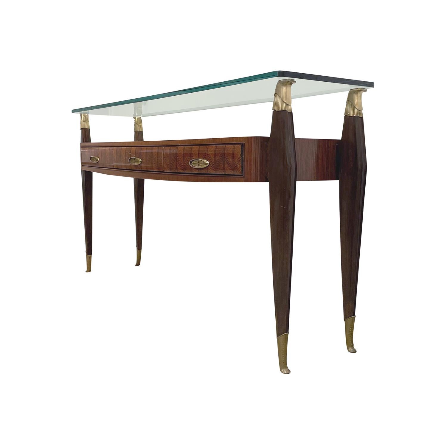 20th Century Italian Vintage Rosewood Glass Console Table by Borsani In Good Condition For Sale In West Palm Beach, FL