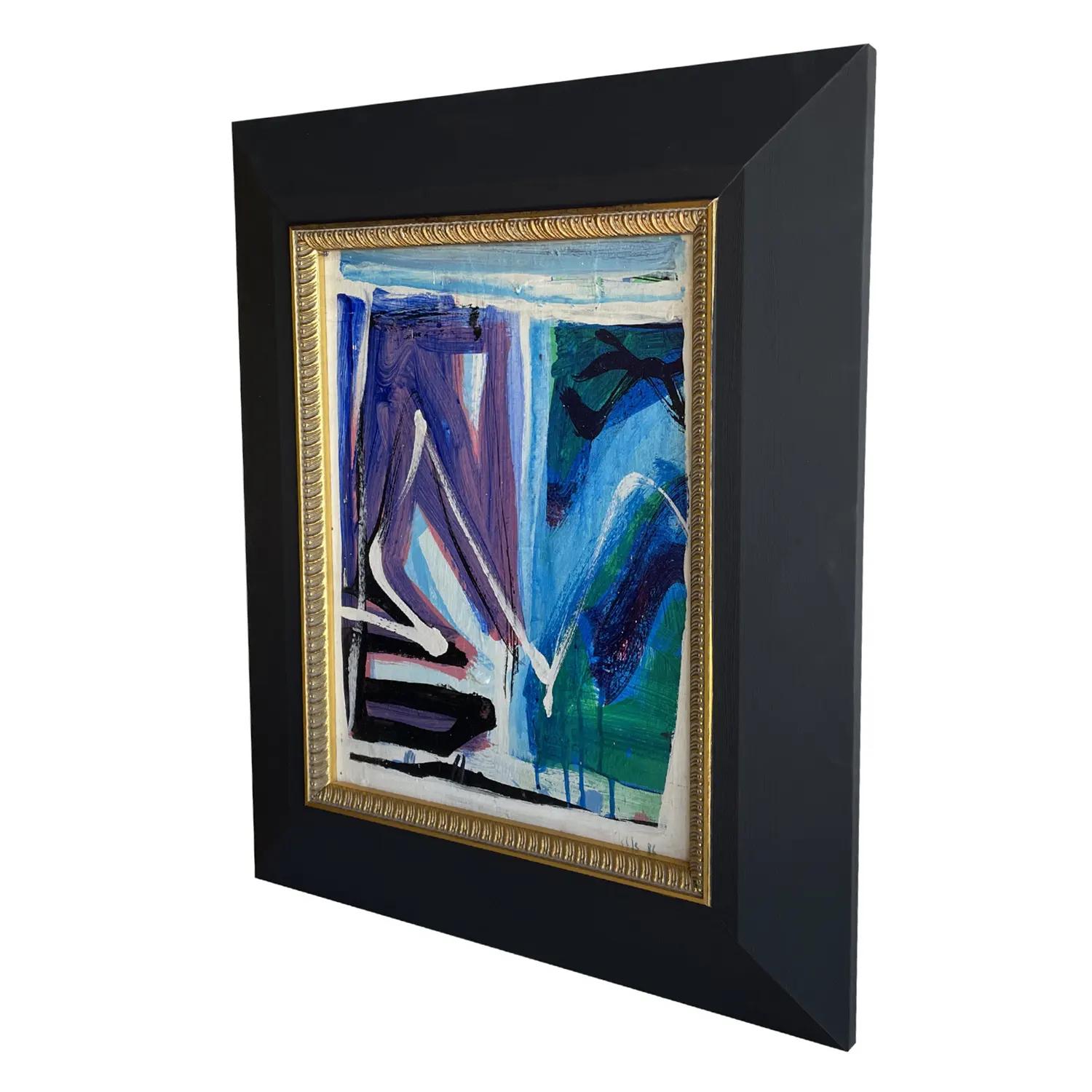 A dark-green, purple vintage Mid-Century Modern French abstract oil on wood painting, painted by Daniel Clesse in good condition. Signed on the lower right. Wear consistent with age and use. Dated 1986, Paris, France.

Measures: Without the frame: