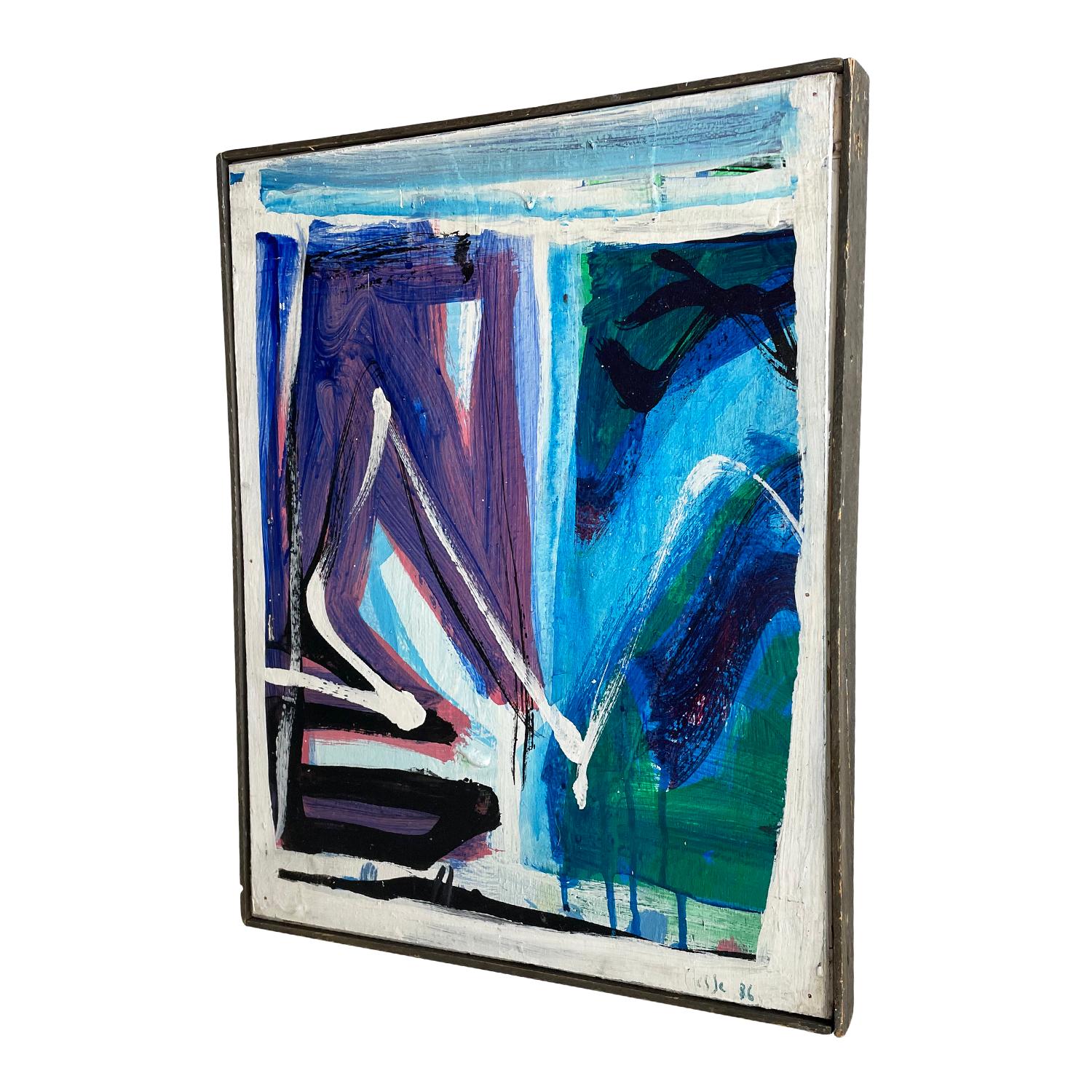 Wood 20th Century Dark-Green, Purple French Modern Abstract Painting by Daniel Clesse For Sale