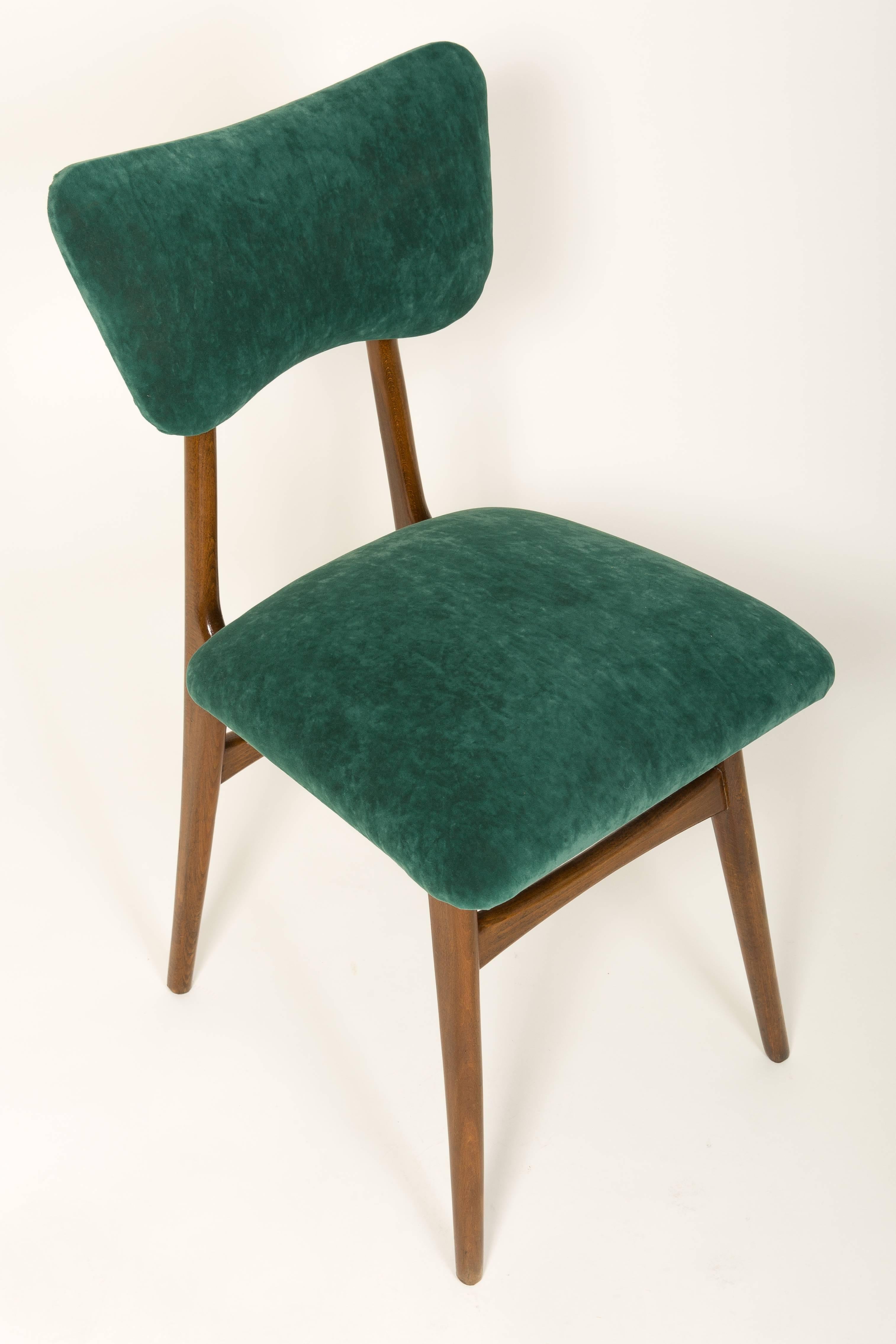 Chair designed by prof. Rajmund Halas. Made of beech wood. Chair is after a complete upholstery renovation, the woodwork has been refreshed. Seat and back is dressed in a dark green, durable and pleasant to the touch velvet fabric. Chair is stable