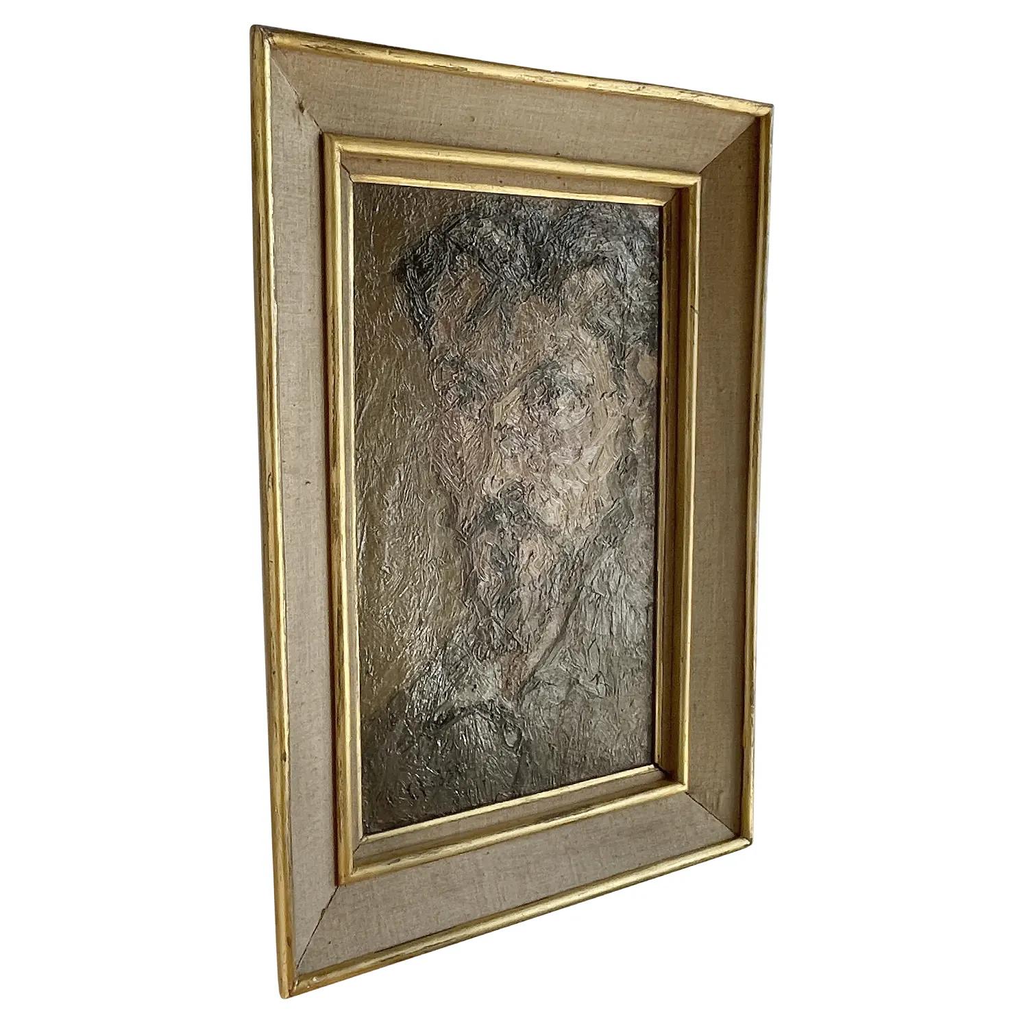 A dark-grey, green vintage Mid-Century Modern French self-portrait oil on canvas painting of Daniel Clesse in a gilded wood frame, in good condition. Signed on the lower right. Wear consistent with age and use. Dated 1961, Paris, France.

Without