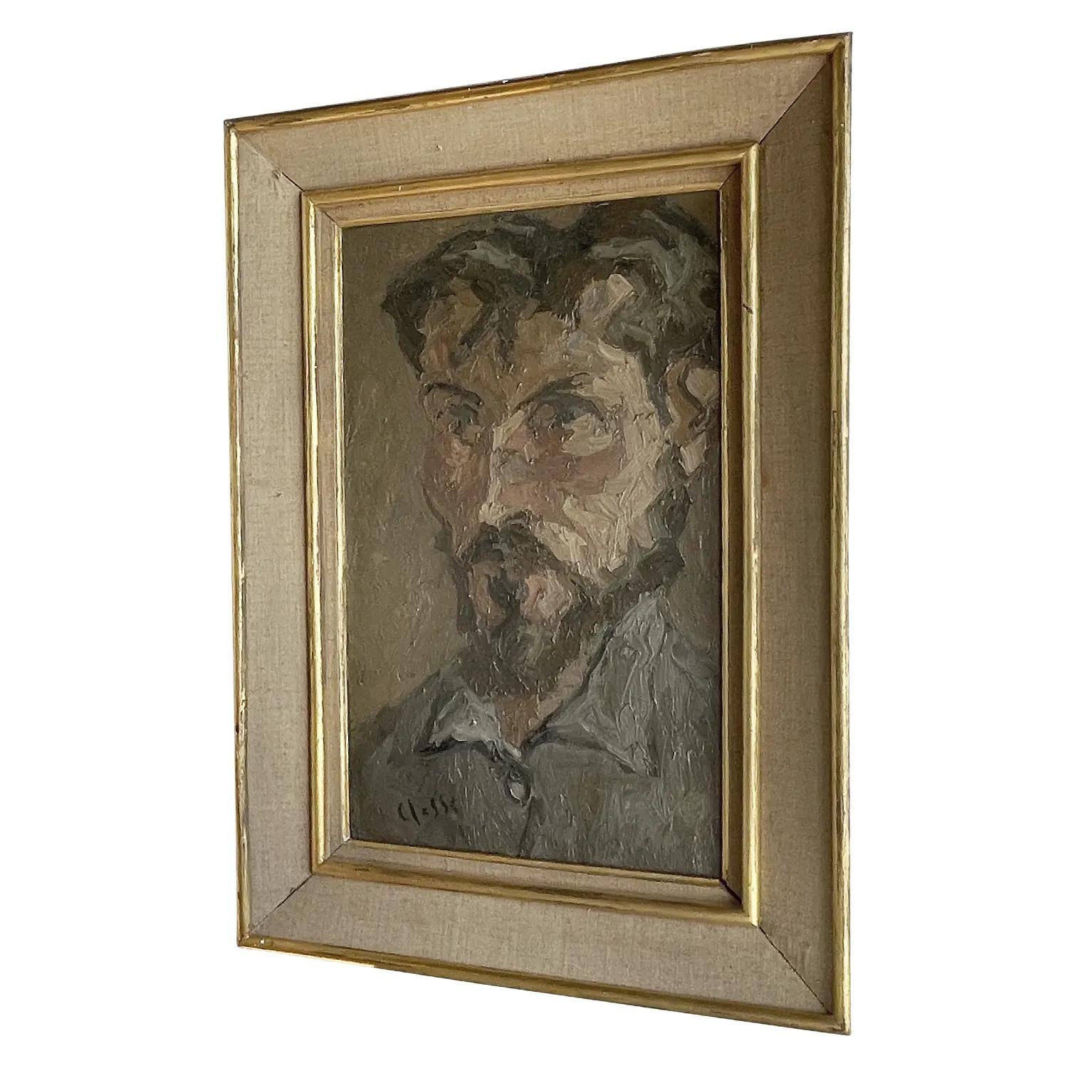 Mid-Century Modern 20th Century Dark-Grey, Green French Self-Portrait Oil Painting of Daniel Clesse For Sale