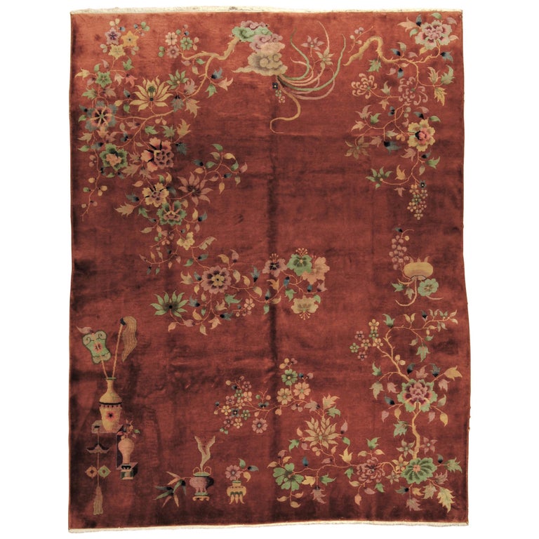 20th Century Dark Red Floral Chinese Art Deco Nikols, circa 1920 For Sale