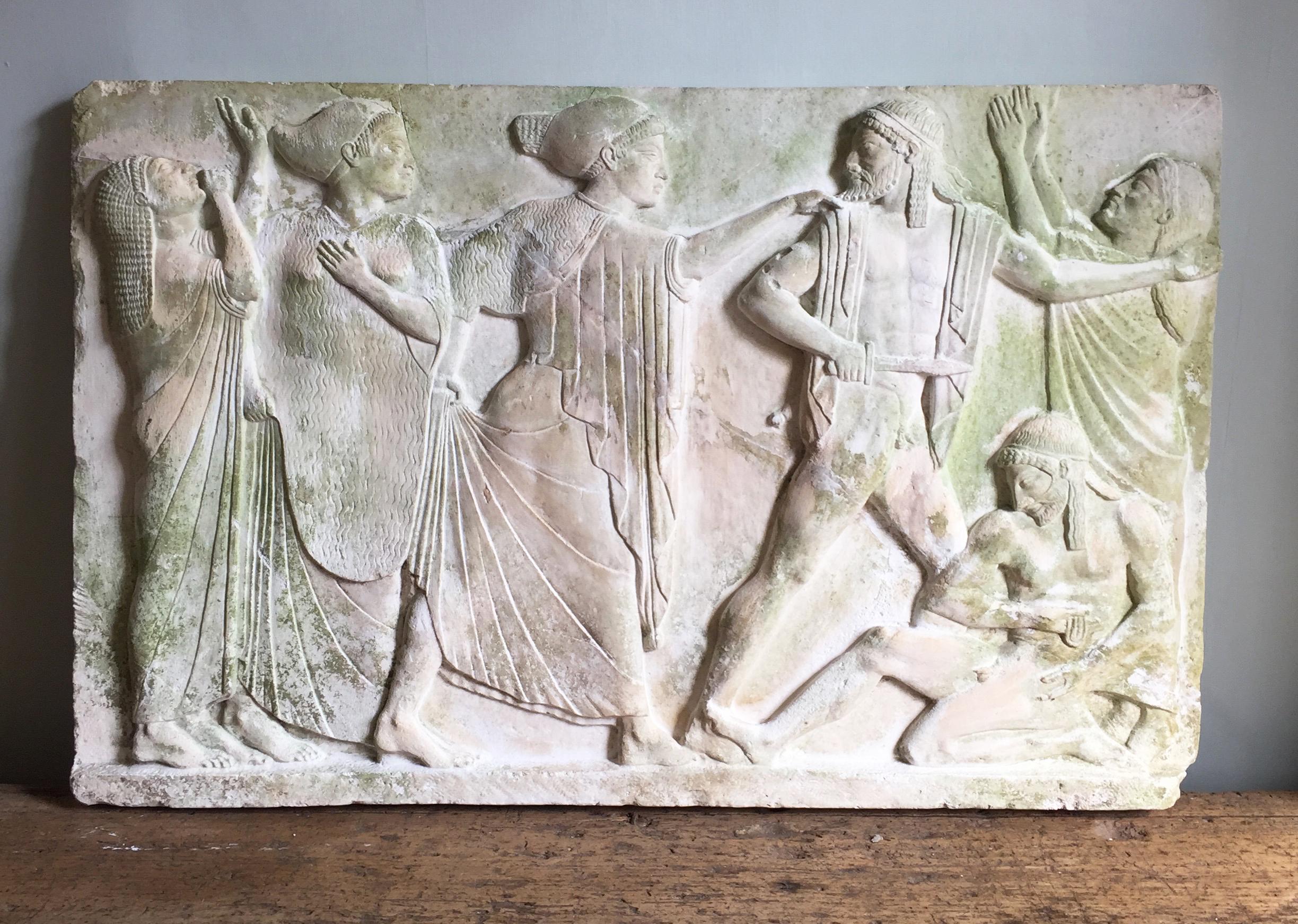 A weathered relief in plaster. The frieze depicts the death of Aigistho.

According to the myths, Aigisthos killed Agamemnon whilst being his wife Clytemnestra’s lover, but was killed himself in revenge by Orestes, son of Clytemnestra and