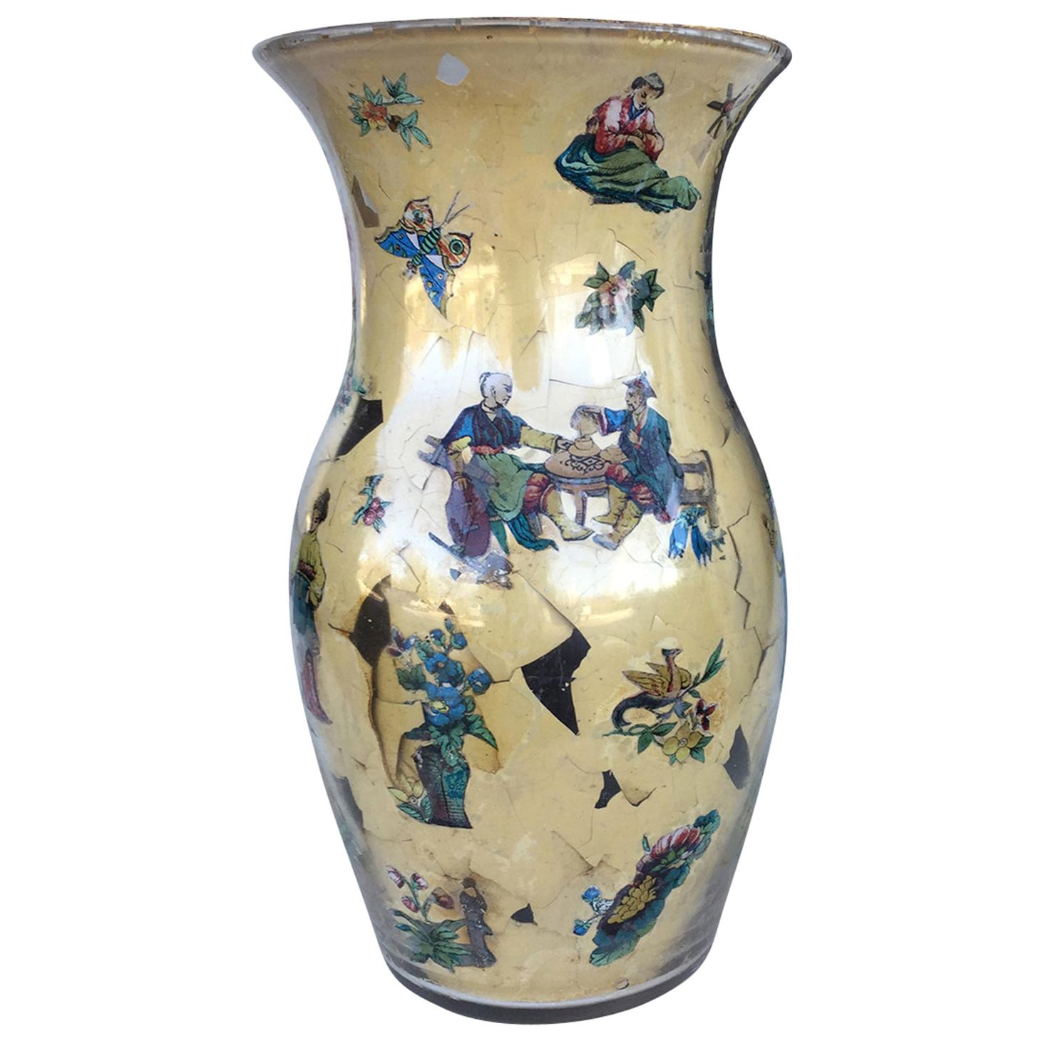 20th Century Decalcomania Glass Vase