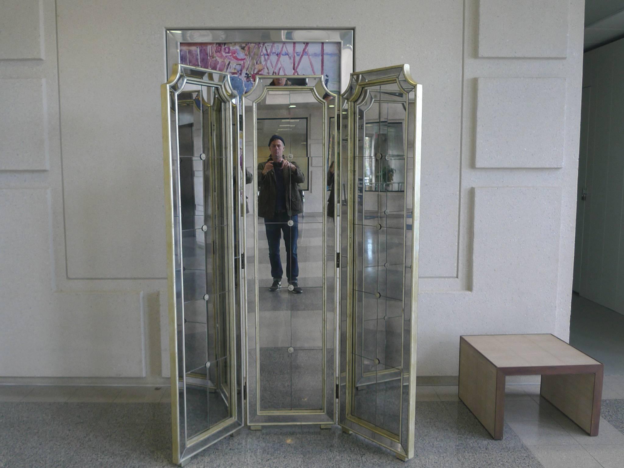 This decorative screen is comprised of a mirrored surface with giltwood framing and brass medallion ornamentation. It can function as a beautiful room divider that can offer depth to any interior. Each panel measures 20.5 inches in width, 80 inches